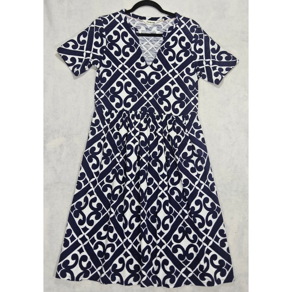 Boden Dress Sz 6L 6 Small Jersey A-Line Navy‎ White Gathered Notched Neck Midi
